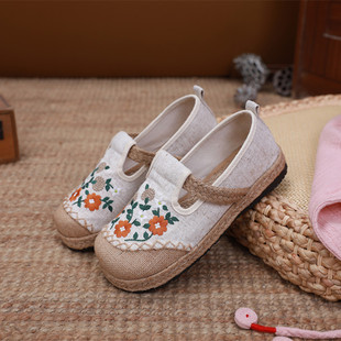 新款亚麻透气黄色蹴鞠绣花老北京布鞋女款学生百搭渔夫大头单女鞋