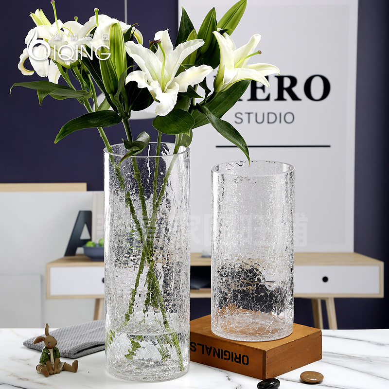 竹子玻璃透明银柳大号冰裂纹花瓶