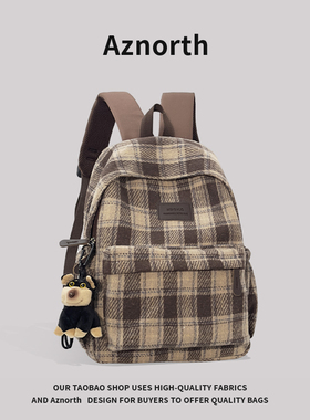 AZN 2025冬季新款背包女百搭双肩包通勤背包学生轻便格子休闲书包