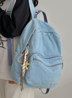 花曦家新品  女生潮书包高中生大学生坠感背包女蓝色牛仔布双肩包