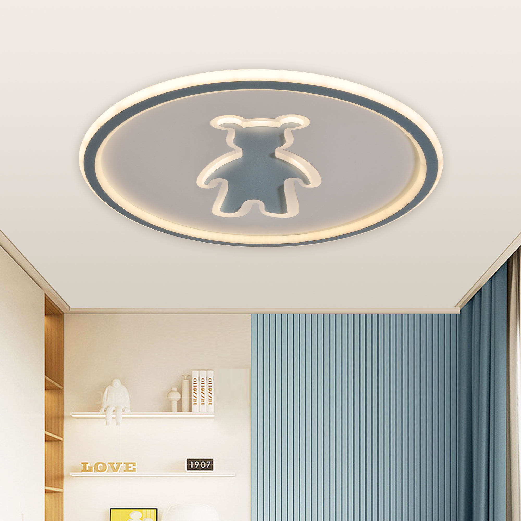 安居宝现代时尚卡通小熊吸顶灯卧室书房卡通蓝双色变光灯具