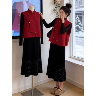 2026超火国风马甲女装一整套半身裙春装新款套装红色新中式三件套