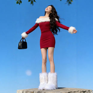 新年穿搭巨好看的春装连衣裙女辣妹风性感一字肩红色修身包臀短裙