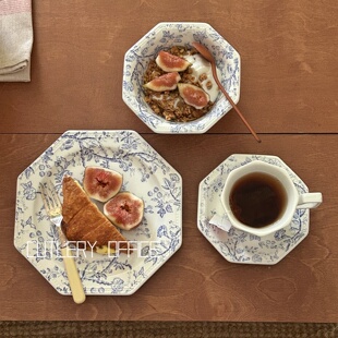 Cutlery 中古感复古花卉八角盘沙拉碗咖啡杯碟浮雕盘自留款