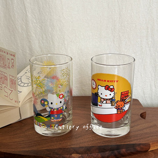 Cutlery 昭和中古kitty玻璃杯烟花抹茶咖啡水杯果汁杯 定制日式
