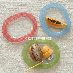 Cutlery | 韩国博主ins同款彩色格纹玻璃盘复古椭圆盘早餐面包盘