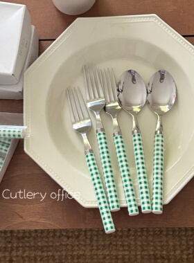 Cutlery丨日本制 特别绿色格纹有质感不锈钢西餐刀叉勺进口餐具