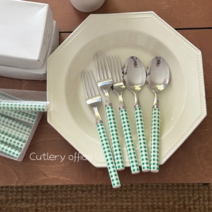 Cutlery 特别绿色格纹有质感不锈钢西餐刀叉勺进口餐具 日本制