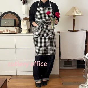 Cutlery 出口日韩格子简约百搭全棉围裙咖啡店花艺师工作服防污
