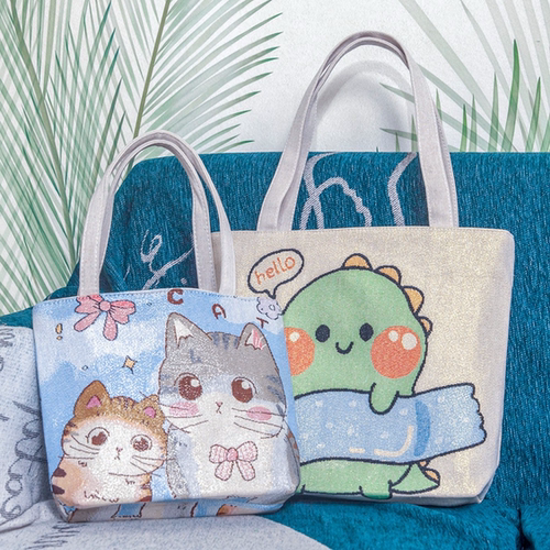 2025新款大容量单肩包女帆布刺绣手拎包休闲外出手提袋卡通补习包