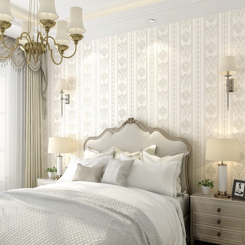 现代欧式壁纸大马士革白色竖条纹卧室电视背景墙客厅房间装饰墙纸