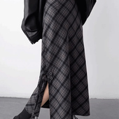 CHICVEN「非正式 学院风」甜酷风高腰开叉格纹半身裙直筒裙长裙春