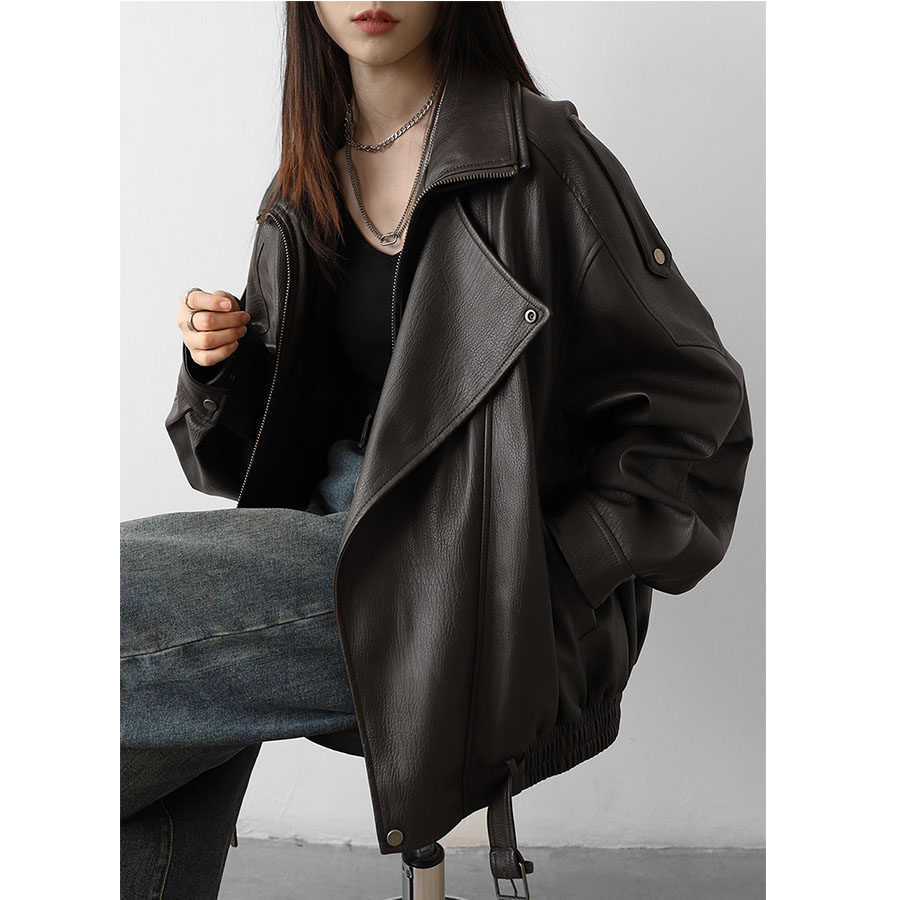 CHICVEN【现货】重工复古中性立领机车皮衣外套夹克上衣女2025秋