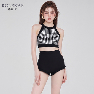 复古黑白千鸟格分体泳衣女