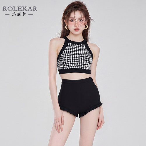 复古黑白千鸟格分体泳衣女