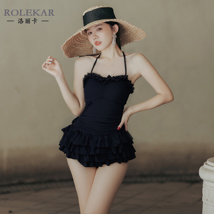 洛丽卡 黑色泳衣女裙式蛋糕层显瘦遮肚2025年新款吊泡带温泉泳装