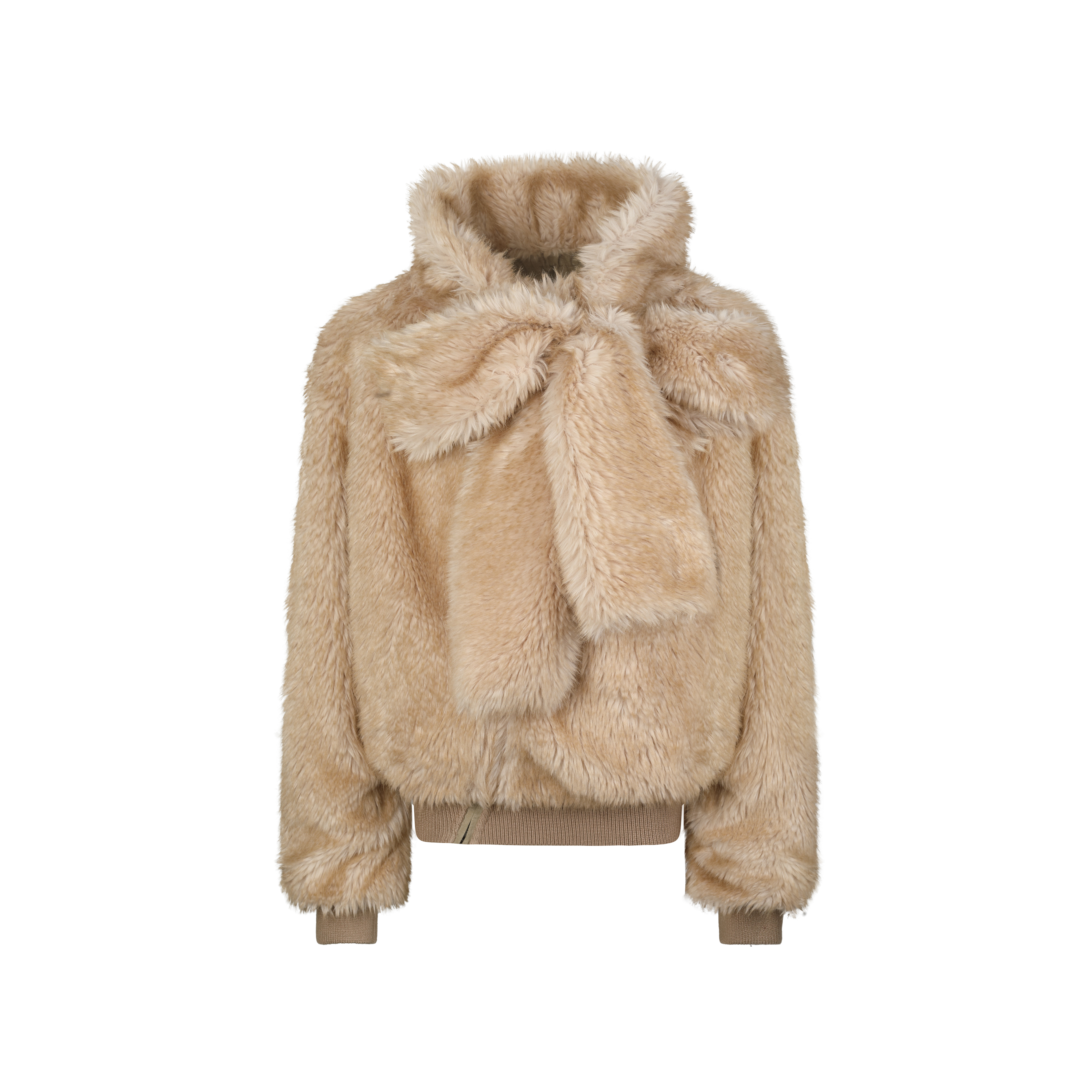 Nodrss 米色长毛皮草做旧棉里两穿领口系带蝴蝶结外套