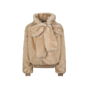 米色长毛皮草做旧棉里两穿领口系带蝴蝶结外套 Nodress