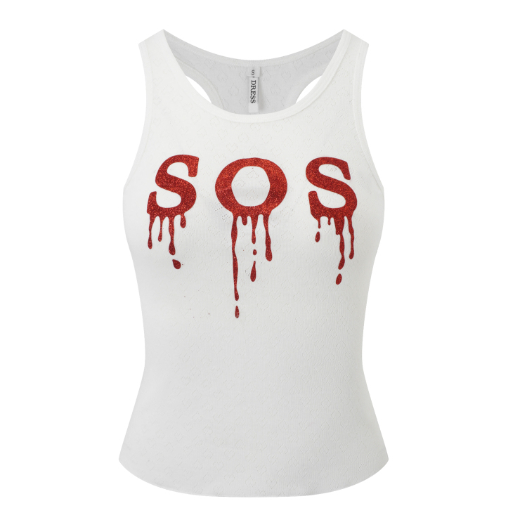 Nodress 红色“SOS”闪粉白色背心 2025设计感字母印花吊带上衣女