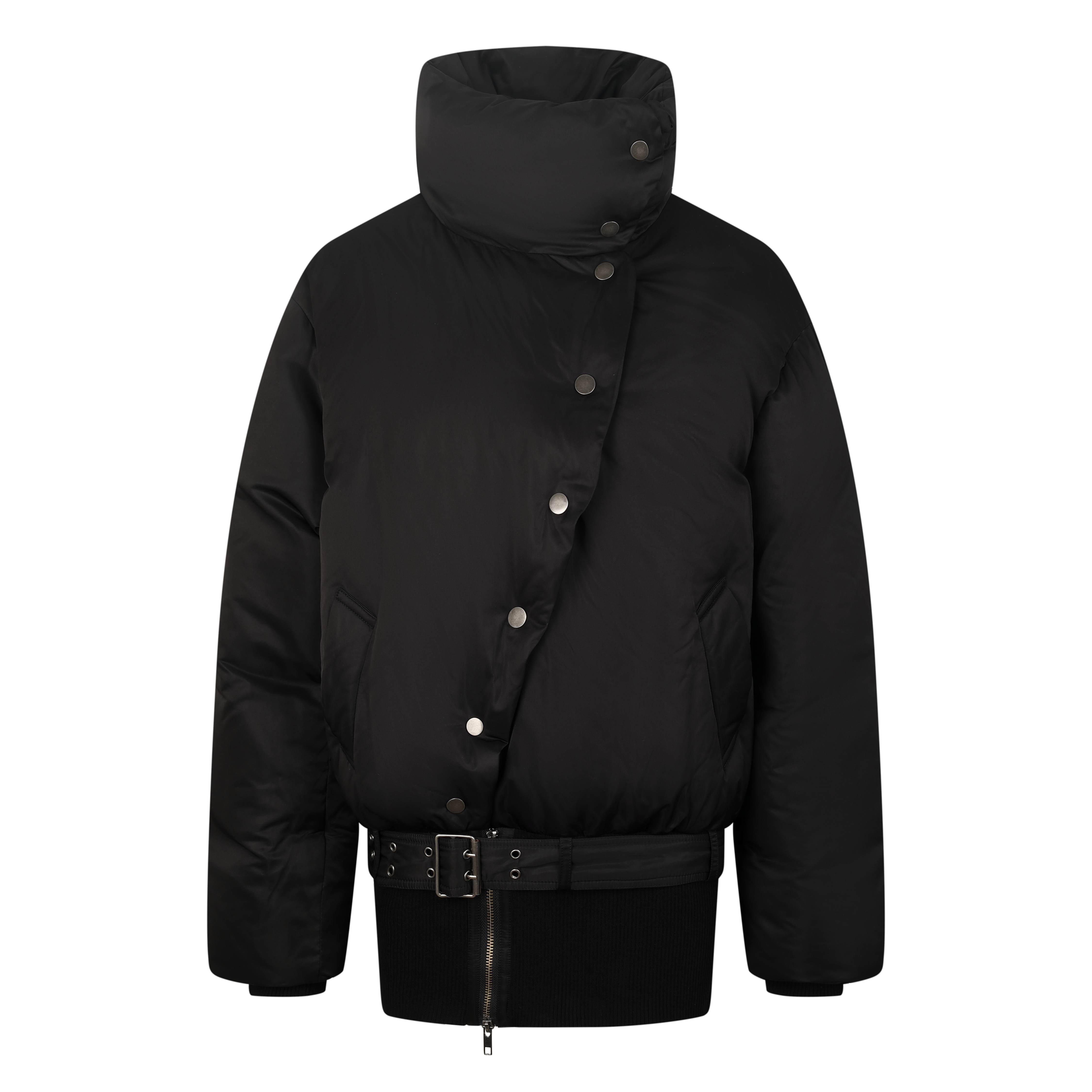 Nodress 黑色不对称罗纹下摆多穿法中长款羽绒服