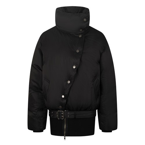 Nodress 黑色不对称罗纹下摆多穿法中长款羽绒服 加厚保暖外套