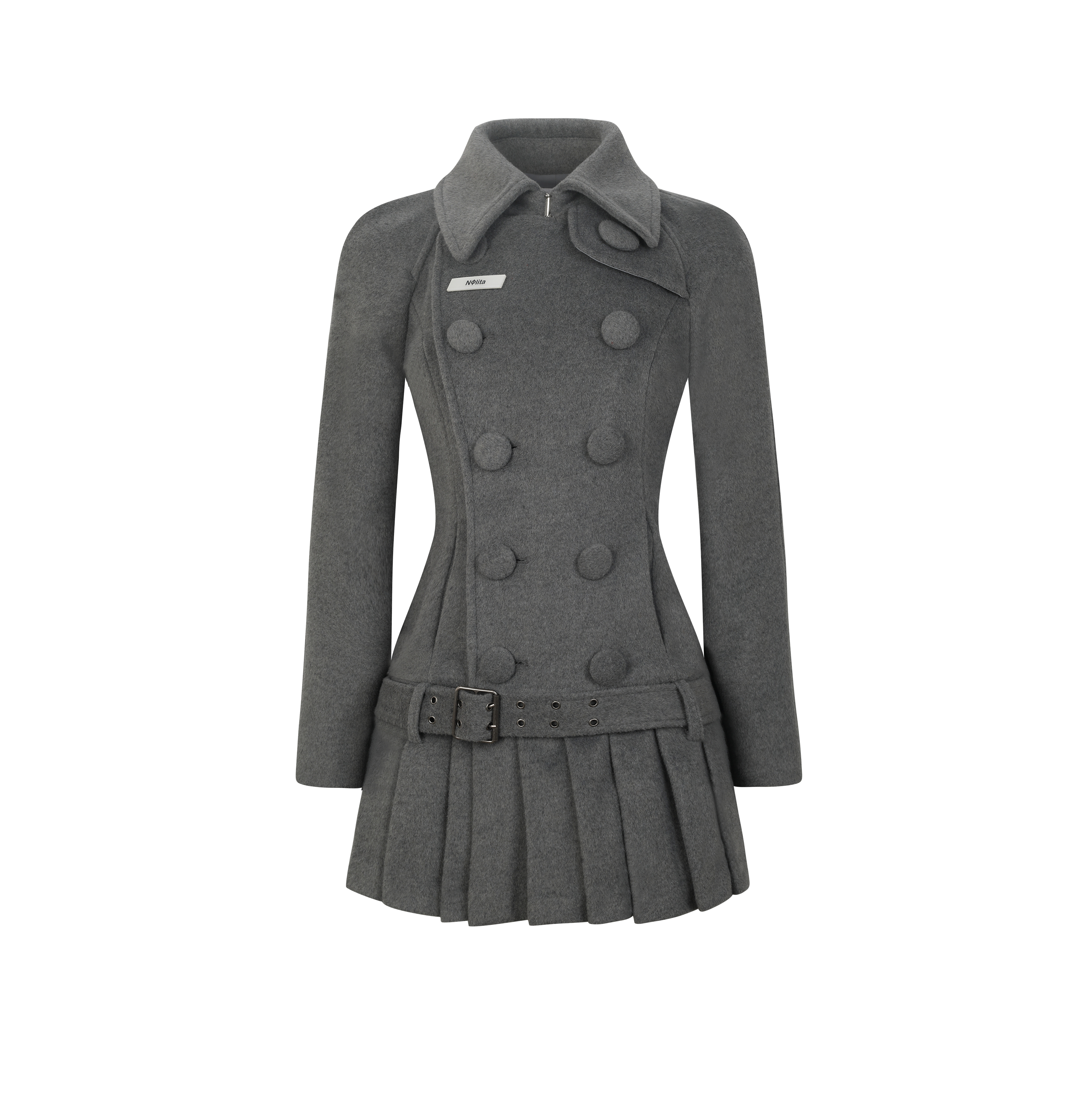 Nodress 灰色双排扣百褶中长款呢外套