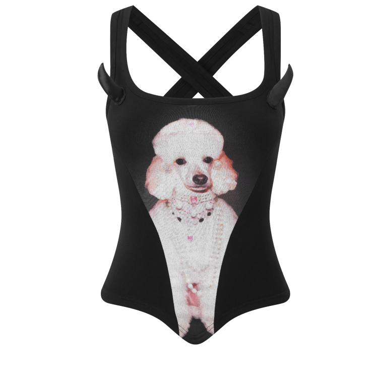 Nodress 戴粉宝石的贵宾犬魔鬼角背心 交叉吊带印花图案上衣女