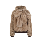 Nodress 棕色长毛皮草做旧棉里两穿领口系带蝴蝶结外套