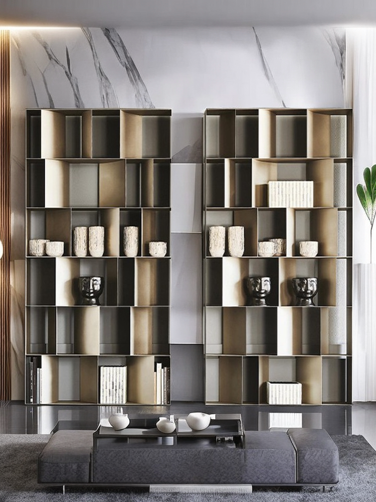 意式极简书架落地轻奢金属展示架实心钢板柜多层别墅书柜设计师款