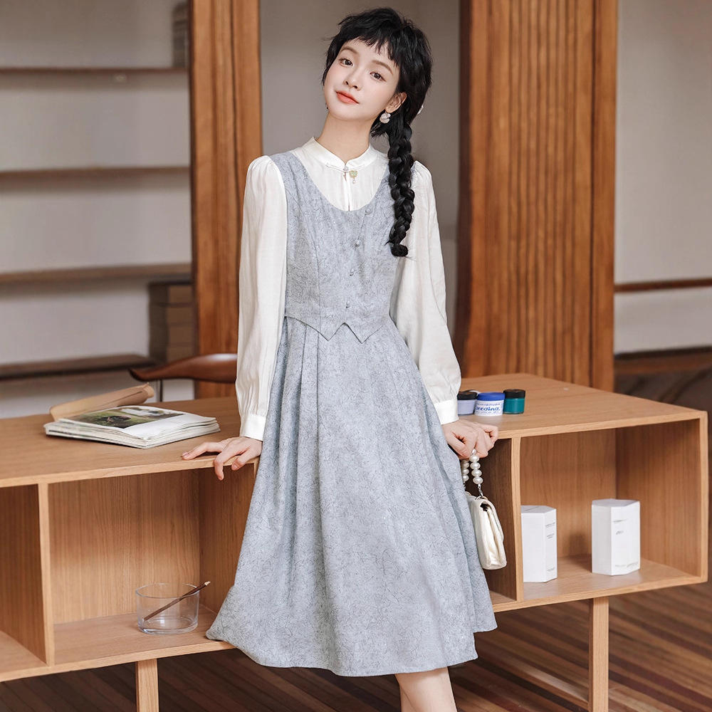 女装2025新假两件新中式长袖连衣裙撞色内搭显瘦气质长裙HXR6325#