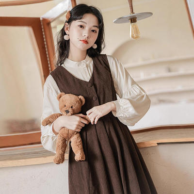 女装2025秋冬十三行日系学院风灯笼袖衬衫+背带连衣裙两件套高腰