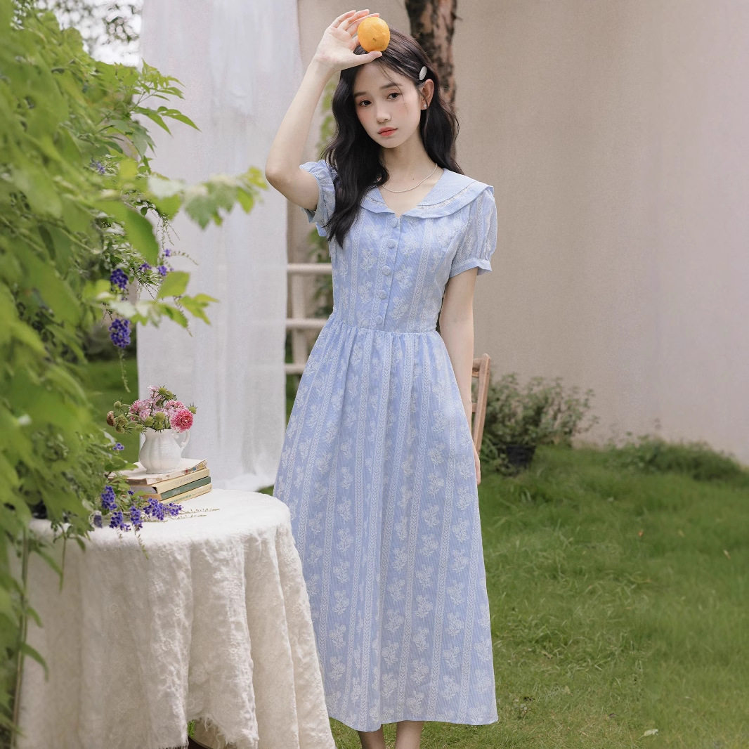 女装2026夏季十三行新法式甜美海军领泡泡袖印花刺绣小清新连衣裙