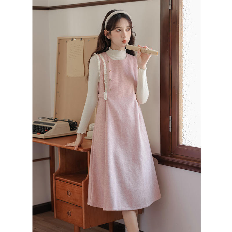 新款女装秋冬学院风气质毛呢连衣裙小个子甜美显瘦复古背带裙套装