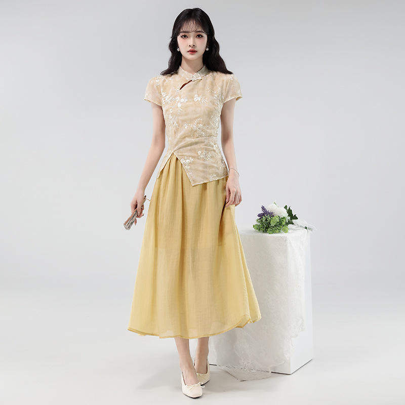 女装2026夏季十三行改良唐装国风印花假两件立领连衣裙新中式长裙