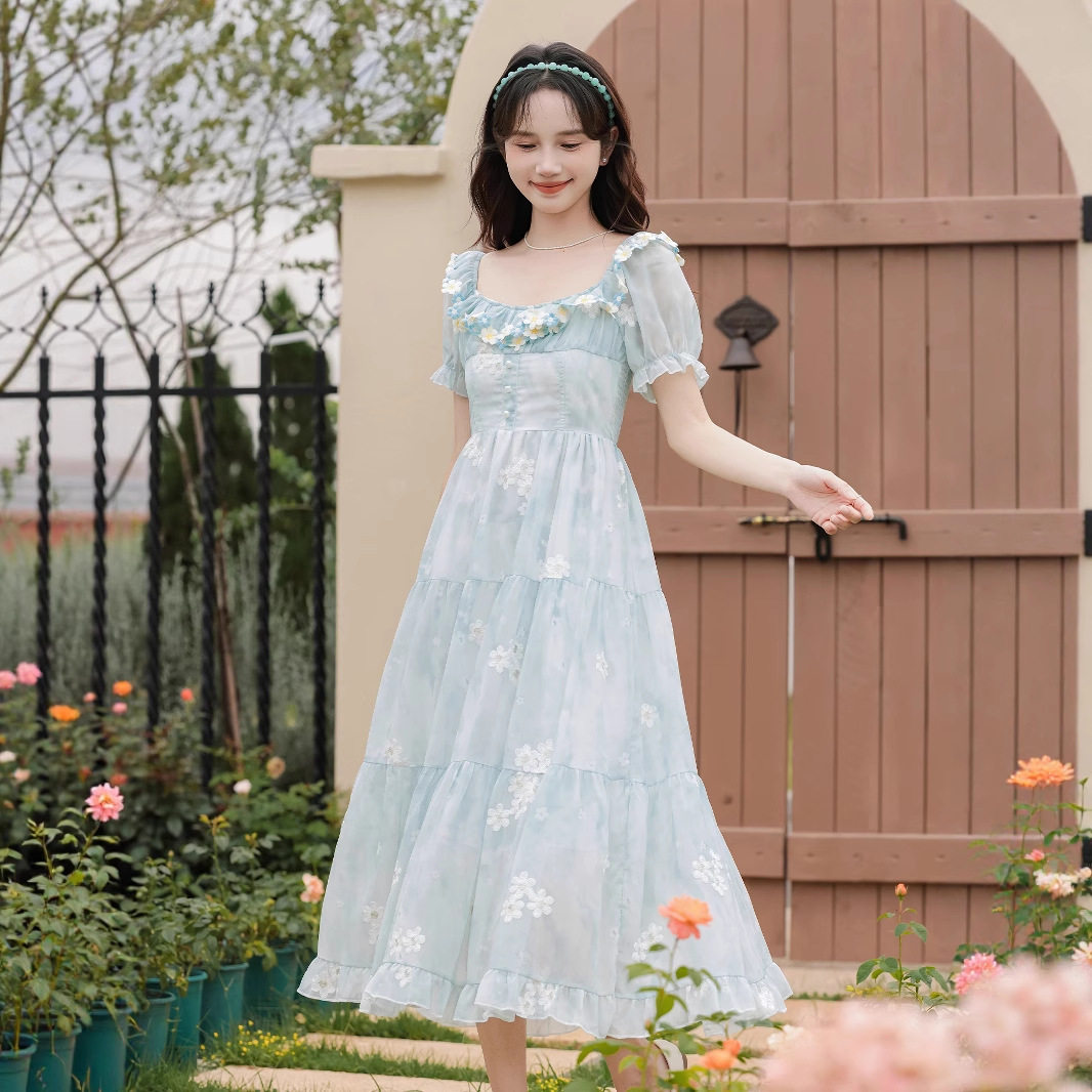 女装夏季十三行新短袖方领长款收腰连衣裙法式复古重工气质高腰裙