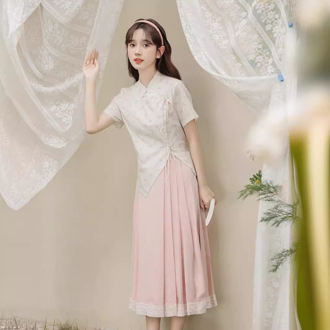 女夏国风新中式粉色碎花立领衬衫绑带上衣粉色竹子图案蕾丝半身裙