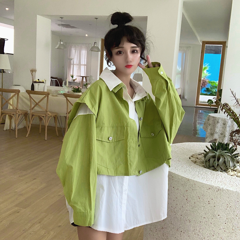 Real price ~ design feeling, contrast color loose long sleeve shirt splicing short vest two piece set