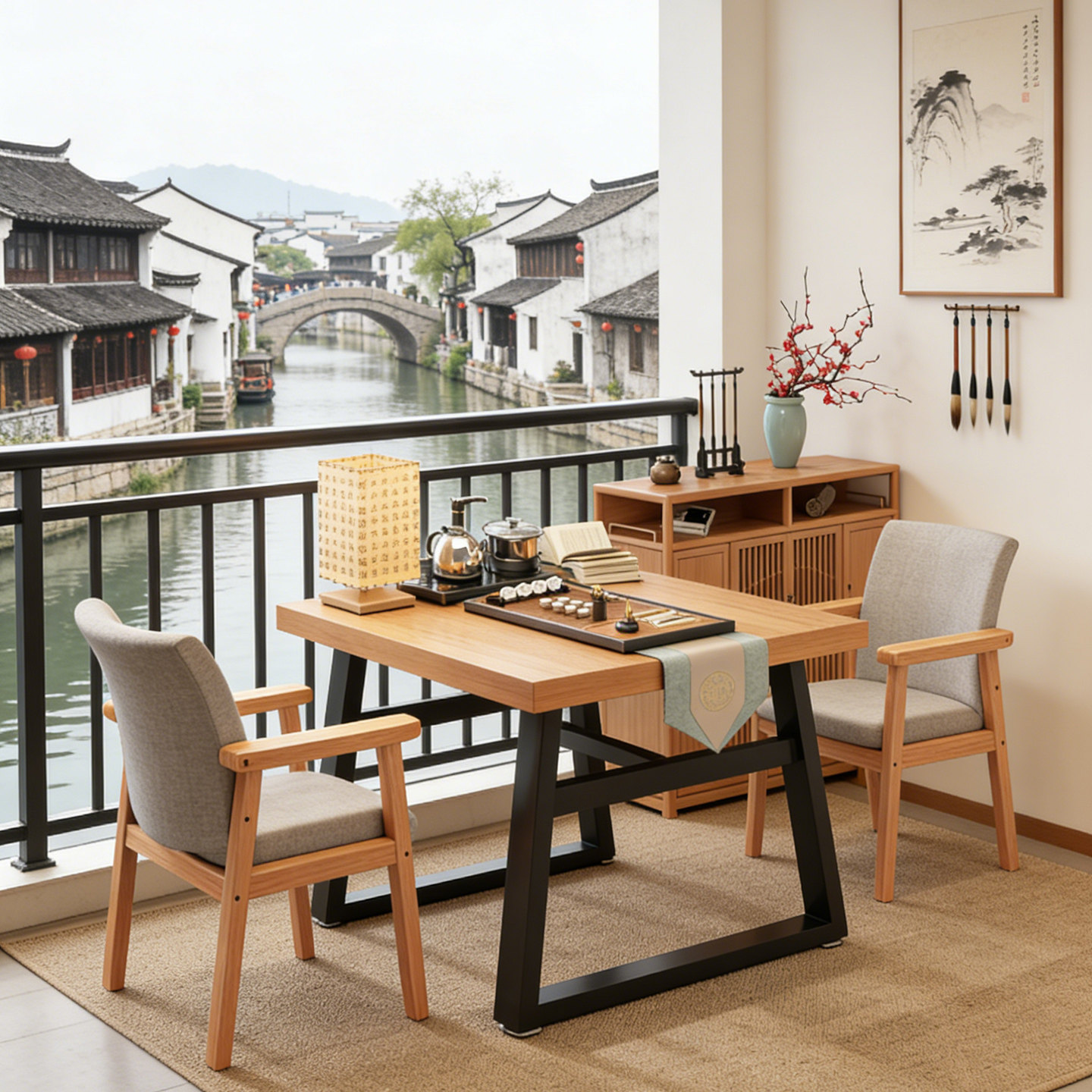 阳台茶桌小型泡茶桌方桌家用小户型方形小茶几新中式休闲桌椅组合