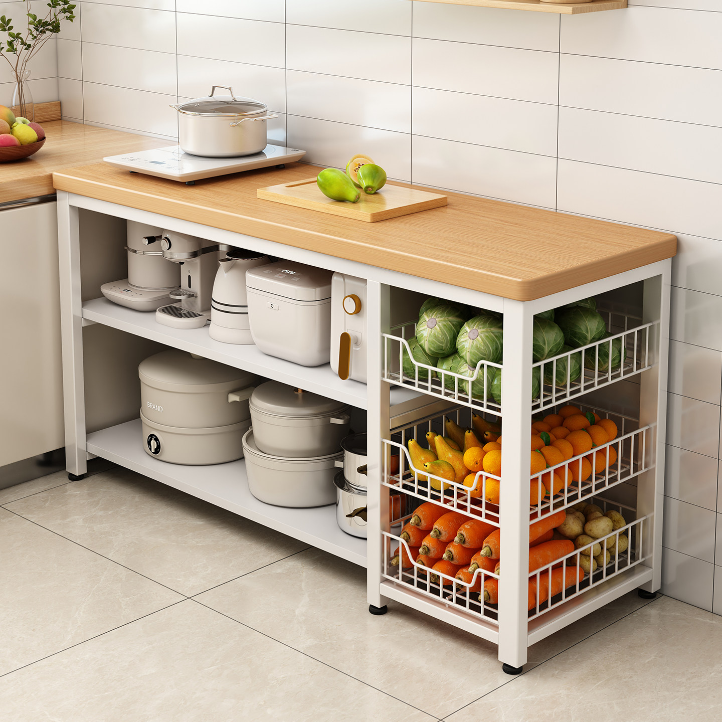 厨房置物架多功能切菜工作台菜篮子微波炉锅具收纳层架多层桌子边