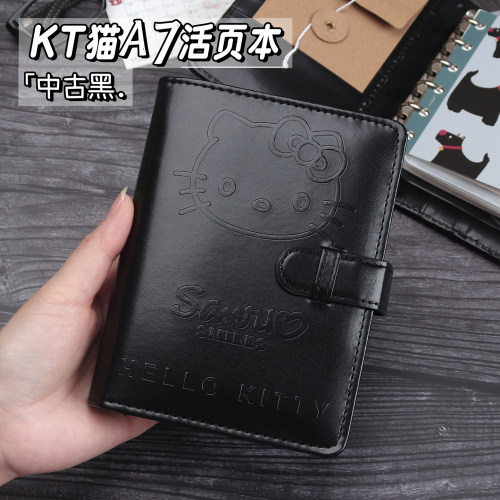 a7亮面皮质复古黑kt猫活页手账本