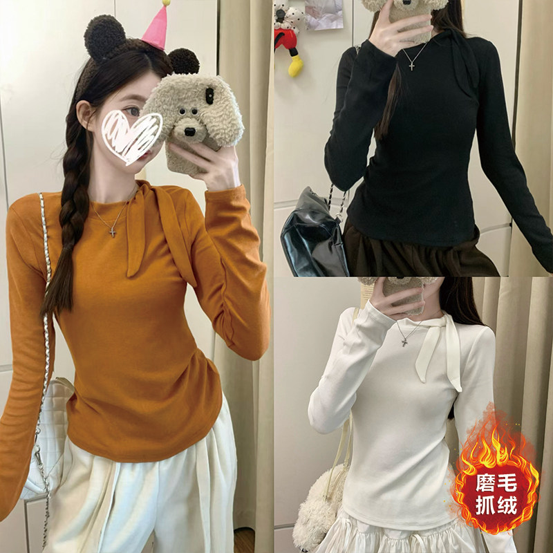 2025大码女装显瘦别致打结领子打底上衣磨毛抓绒T恤秋冬