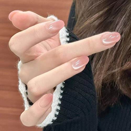 清透裸粉猫眼穿戴甲显白高级感