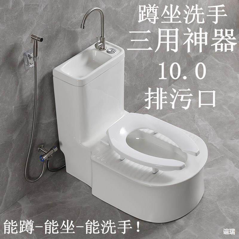 蹲坐两用马桶一体免挖坑一体带洗手盆直冲式墙排卫浴无水箱