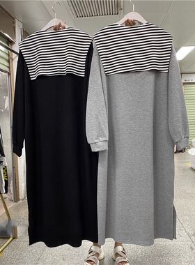 特大码胖mm300斤春秋季宽松休闲中长款卫衣裙女长袖学生T恤连衣裙