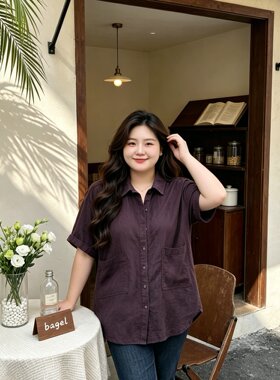 特大码300斤胖mm夏季新款深紫色翻领韩版短袖衬衫女宽松显瘦上衣