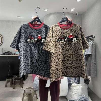 大码重工米奇豹纹短袖上衣女