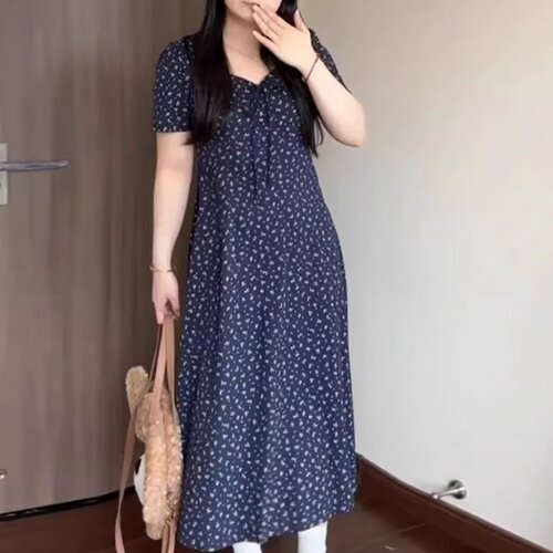特大码300斤胖mm慵懒风碎花V领短袖连衣裙女夏季收腰显瘦A字长裙