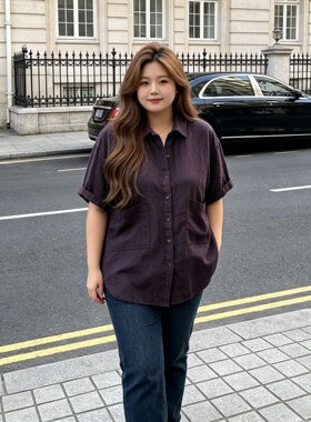 特大码300斤胖mm夏季新款深紫色翻领短袖衬衫女宽松双口袋衬衣女