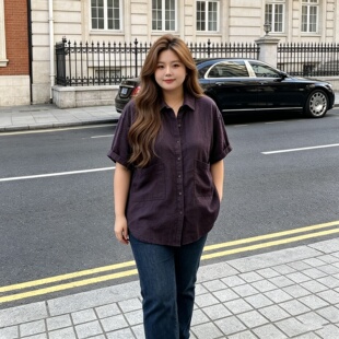 特大码300斤胖mm夏季新款深紫色翻领短袖衬衫女宽松双口袋衬衣女