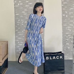 胖mm300斤大码 开叉中长裙 扎染印花压褶气质连衣裙女夏季 宽松短袖